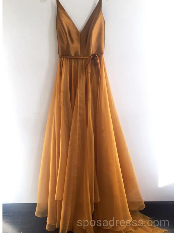 Simples V Neck Gold A-line Long Evening Prom Dresses, Cheap Custom Sweet 16 Vestidos, 18565