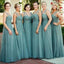 V Neck Πράσινο Προσαρμοσμένο Tulle Long Φτηνές Bridesmaid Φορέματα Online, WG341