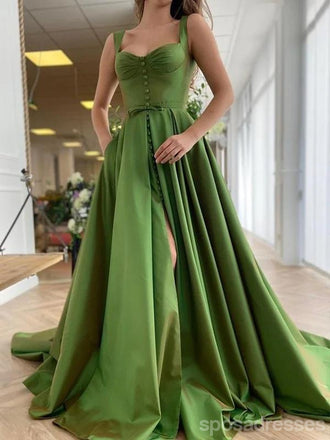 Green Straps A-line High Slit Party Prom Dresses, Cheap Dance Dresses,12539