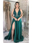 Green A-line V-neck High Slit Cheap Long Prom Dresses,Evening Party Dresses,12915