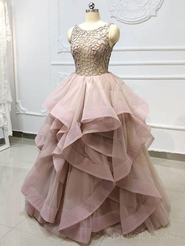 Scoop Grey Champagne Ball Gown Long Evening Prom Dresses, Party Custom Prom Dresses, 18634