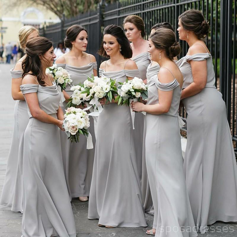 Off Shoulder Spahgetti Straps Grey Chiffon Long Bridesmaid Dresses Online, WG210