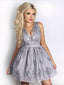 V Neck Grey Lace Φτηνά Κοντά Φορέματα Homecoming Online, CM609