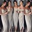 Λουράκια σπαγγέτι μεσαία σχισμή Γκρι Κοντά φθηνά φορέματα παράνυμφων Online, WG321
