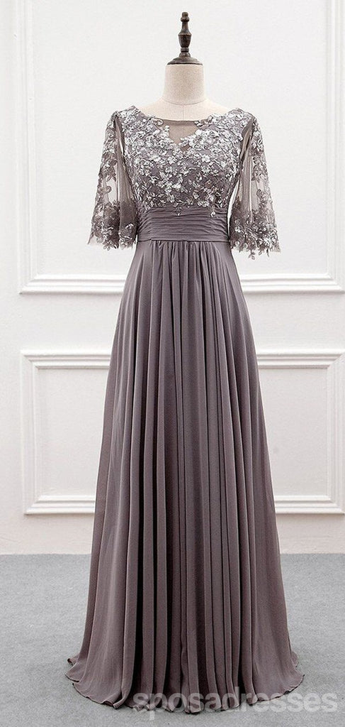 Grey A-line Half Sleeves Lace Applique Chiffon Bridesmaid Dresses Gown, WG1019