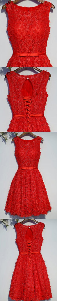 Κόκκινη Δαντέλα διακοσμημένο με Χάντρες Στρογγυλή Λαιμόκοψη Homecoming Prom Φορέματα, Οικονομικά Κορσέ Πίσω Σύντομο Κόμμα Φορέματα Prom, Τέλεια Homecoming Φορέματα, CM253