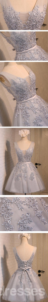 V Ausschnitt Zwei Träger Graue Spitze Perlen Homecoming Prom Kleider, Erschwingliche Kurze Party Prom Kleider, Perfekte Homecoming Kleider, CM288