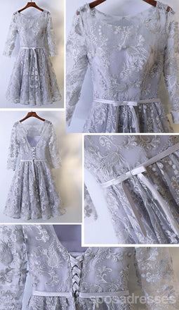 Long Sleeve Lace Gray Homecoming Prom Dresses, Affordable Corset Back Short Party Prom Dresses, Perfect Homecoming Dresses, CM255