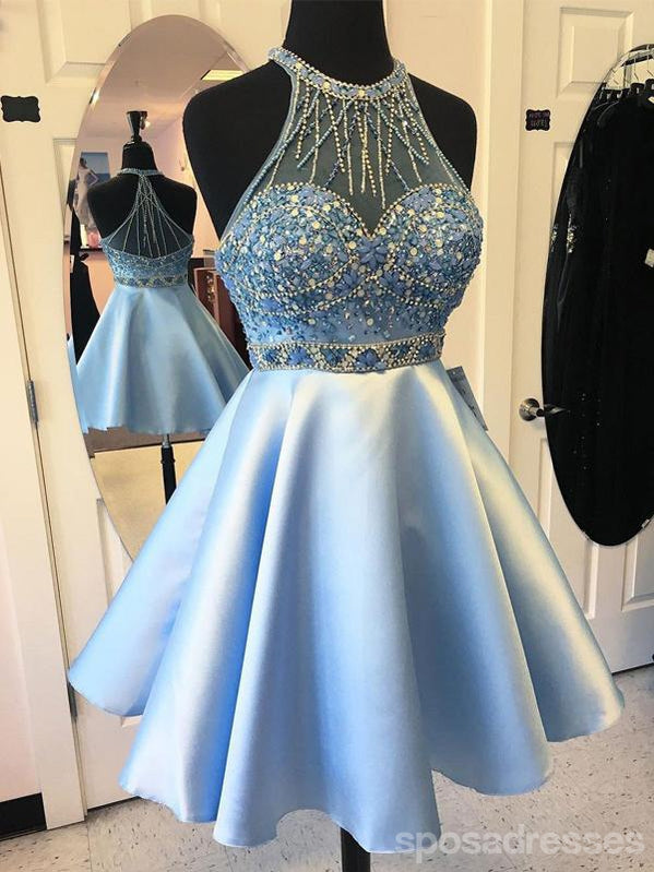 Elegant Blue Halter Beaded Cheap Short Homecoming Dresses Online, CM597