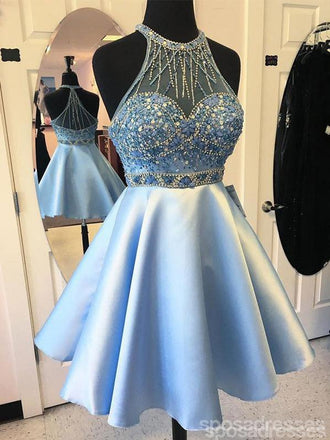 Κομψό Μπλε διακοσμημένα με Χάντρες Halter Φθηνά Σύντομη Φορέματα Homecoming σε απευθείας Σύνδεση, CM597