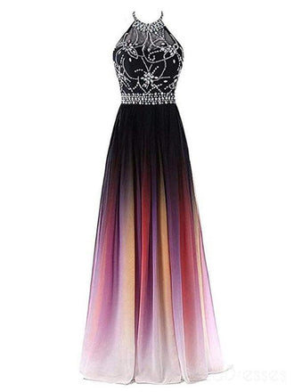 Halter Beaded Chiffon Ombre Long Evening Prom Dresses, Custom heap Sweet 16 Dresses, 18401