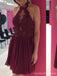 Σέξι Backless Halter Σιφόν σύντομο φθηνό Σκούρο κόκκινο Homecoming Φορέματα 2018, CM520