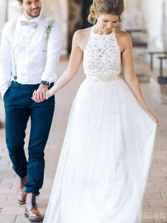 High Neck White Lace Long Sheath Simple Design Wedding Party Dresses, WD0089