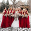 Vestidos de dama de honor largos de gasa halter rojo oscuro en línea, vestidos de damas de honor baratos, WG693