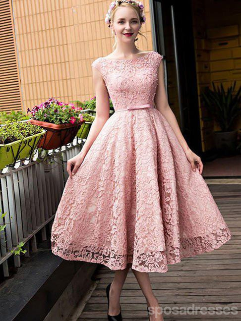 Mangas casquillo baratos vestidos de fiesta cortos de encaje rosa en línea, CM681