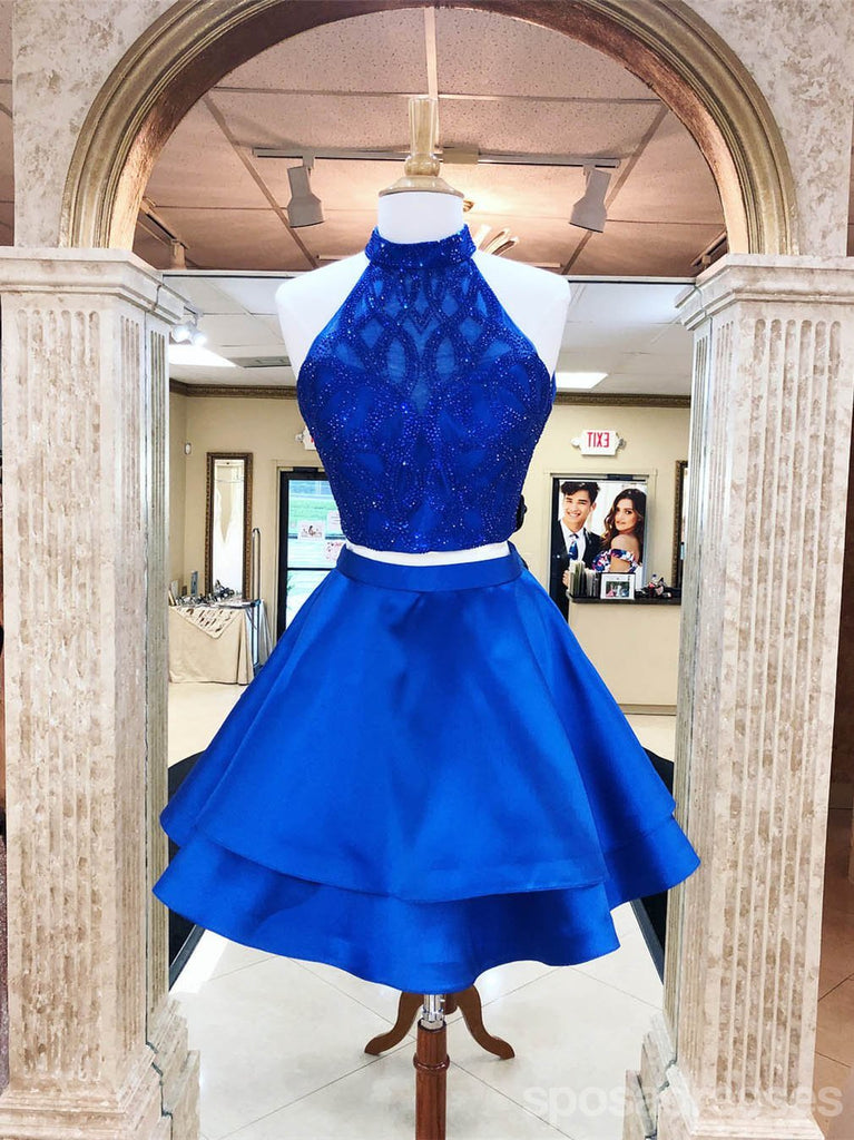 Royal Blue Halter Two Pieces Short Cheap Homecoming Dresses en línea, CM727