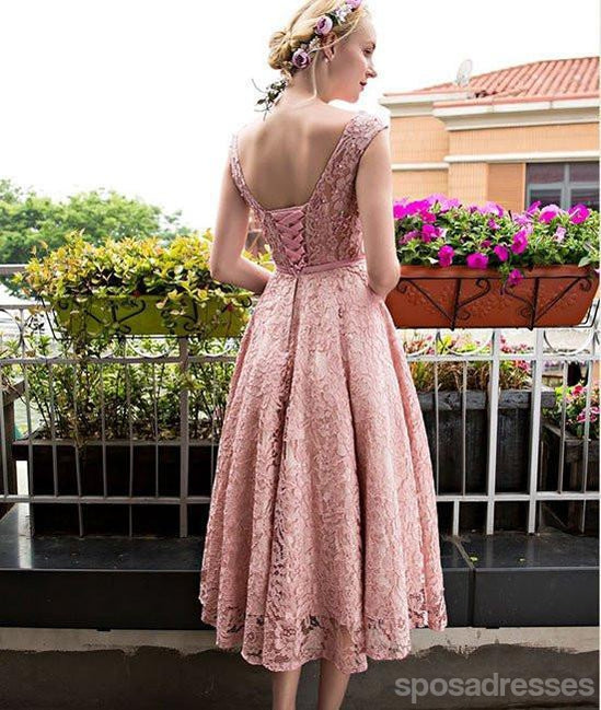Mangas casquillo baratos vestidos de fiesta cortos de encaje rosa en línea, CM681