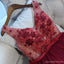 Robes de soirée courtes pas cher en dentelle bordeaux à col en V en ligne, CM688