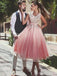 Vestidos de fiesta baratos con cuello en V con cuentas de rubor rosa rubor corto en línea, CM731