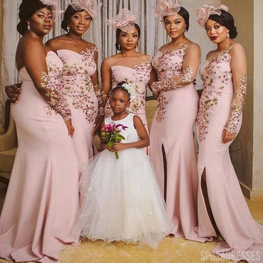 Floral Mermaid Pink Illusion Long Sleeves High Slit Bridesmaid Dresses Gown Online, WG1004