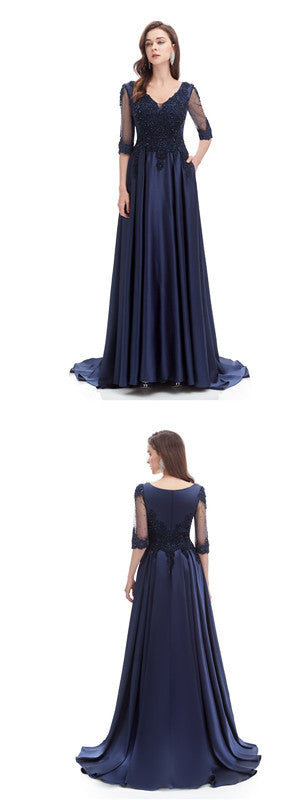 Blue A-line Half Sleeves V-neck Long Prom Dresses Online,Evening Party Dresses,12776