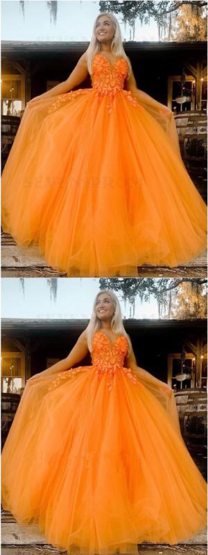 Orange A-line Spaghetti Straps V-neck Long Prom Dresses Online, Dance Dresses,12607