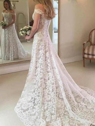 Off Shoulder Lace A- line Cheap Wedding Dresses Online, Cheap Bridal Dresses, WD547