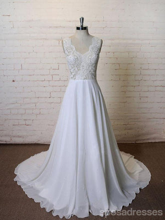 Vestidos de novia de playa baratos con cuello en V y encaje sin espalda sexy en línea, WD387