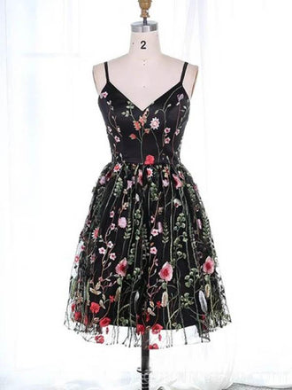 Σπαγγέτι Ιμάντες Δαντέλα Μαύρο Φτηνές Φορέματα Homecoming σε απευθείας Σύνδεση, Φθηνά Σύντομη Φορέματα Prom, CM739