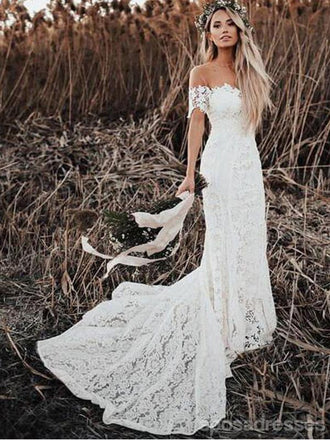 Off Shoulder Vintage Lace Mermaid Cheap Wedding Dresses, Shore Sleeves Bridal Dresses, WD432