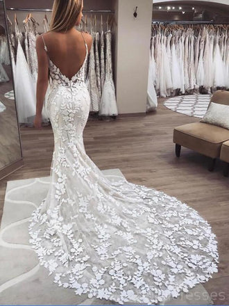 Voir à travers spaghetti sangles dentelle sirène robes de mariée bon marché en ligne, robes de mariée en dentelle bon marché, WD470