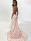 Sexy Backless Pink Lace Mermaid Long Evening Prom Dresses, Cheap Custom Sweet 16 Vestidos, 18545