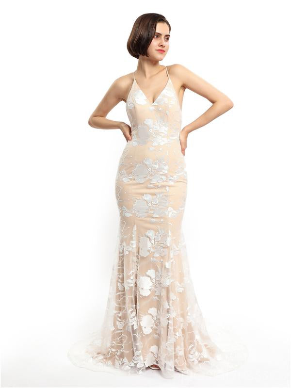 Spaghetti Straps Lace Mermaid Champagne Cheap Long Evening Prom Robes, Robes de bal soirée, 12149