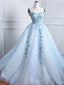 Γλυκό χλωμό μπλε δαντέλα με χάντρες φθηνά μακρά βραδινά φορέματα, φθηνά γλυκά 16 φορέματα, 18373