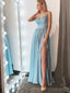 Φωτεινά γαλάζια λουράκια σπαγγέτι με πλευρική σχισμή μακρά βραδινά φορέματα, φθηνά προσαρμοσμένα γλυκά 16 φορέματα, 18550