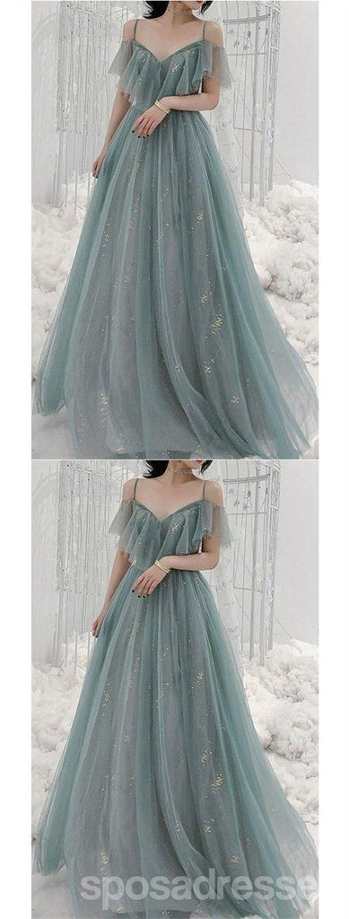 Elegant Blue A-line Spaghetti Straps Long Prom Dresses Online, Dance Dresses,12730