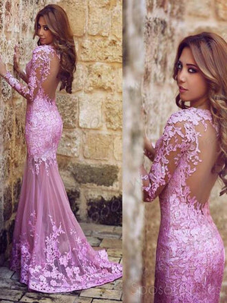 Long Sleeve Lilac Mermaid Lace Party Prom Dresses, Cheap Long Prom Dresses, PD1702