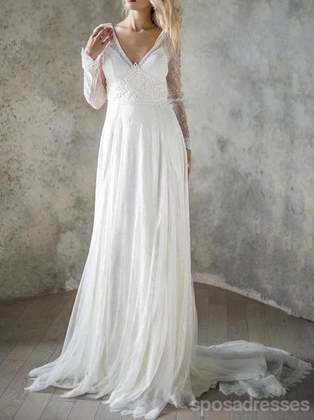 Vestidos de novia baratos sin espalda de encaje de manga larga en línea, vestidos de novia baratos, WD543