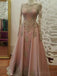 Falda rosa con cuentas de encaje dorado con mangas largas Vestidos de fiesta largos por la noche, Vestidos baratos de Sweet 16, 18357