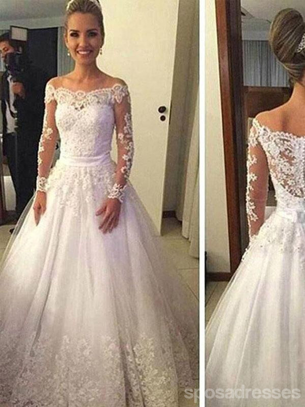 Cheap Vantage Off Shoulder Long Sleeve White Lace Tulle Wedding Party Dresses, WD0015
