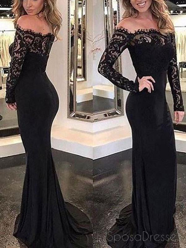 Sexy Black Off Shoulder Long Sleeves Lace Mermaid Custom Long Evening Prom Dresses, 17377