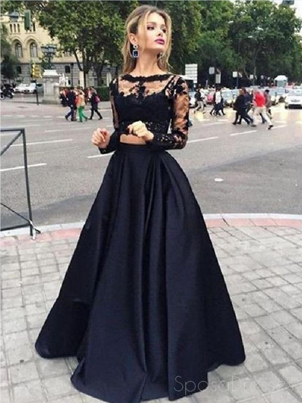 Robe longue de Bal ,Noir,Robe de Bal, Robe de Bal Avec de la Dentelle ,Manches Longues Robe de Bal Élégante,PD0045