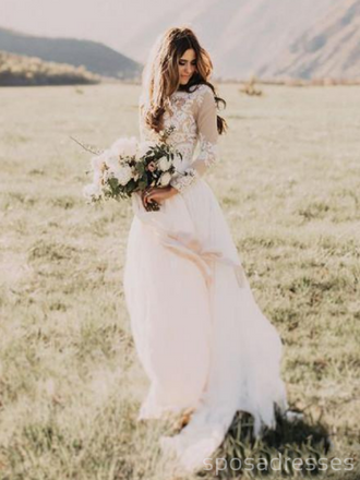Vestidos de novia baratos de playa de encaje de manga larga en línea, vestidos de novia de encaje baratos, WD461
