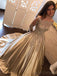 Off Shoulder Long Sleeve Gold Beaded A line Sparkly Evening Prom Dresses, 17159
