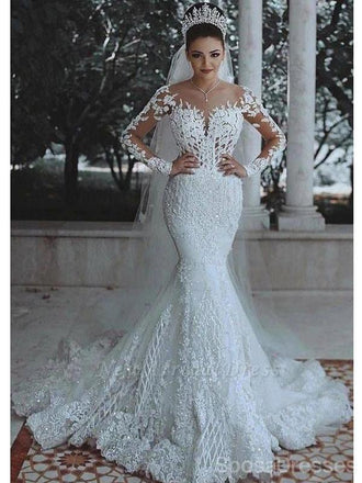 Vestidos de novia de sirena con cuentas de encaje de manga larga en línea, vestidos de novia únicos baratos, WD600