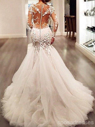 Les longues robes de mariée de sirène de lacet de manche, voir par de longues robes de mariage personnalisées, 17101