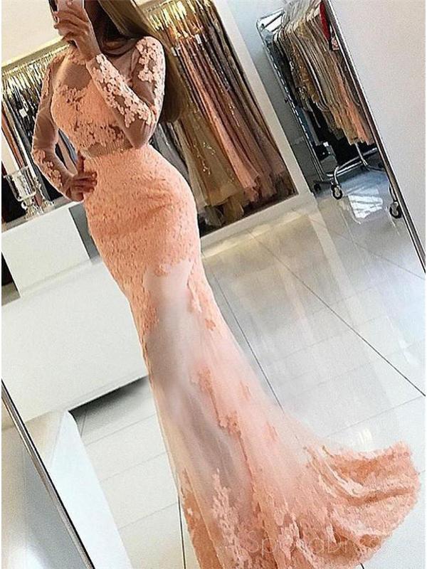 Sexy Long Sleeve Backless See Through Peach Lace Beaded Long Evening Prom Dresses, 17307