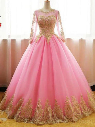 Long Sleeves Gold Lace Pink Skirt A-line Long Evening Prom Dresses, Cheap Sweet 16 Dresses, 18415