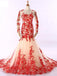 Robes de bal de soirée sirène en dentelle rouge à manches longues, robes Sweet 16 personnalisées bon marché, 18531