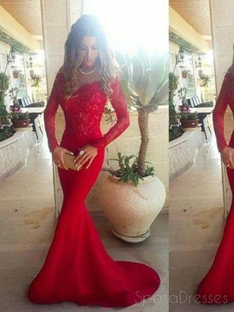 Red Long Sleeve Lace Mermaid Prom Dresses, Long sleeve Evening Party Dresses,  17008